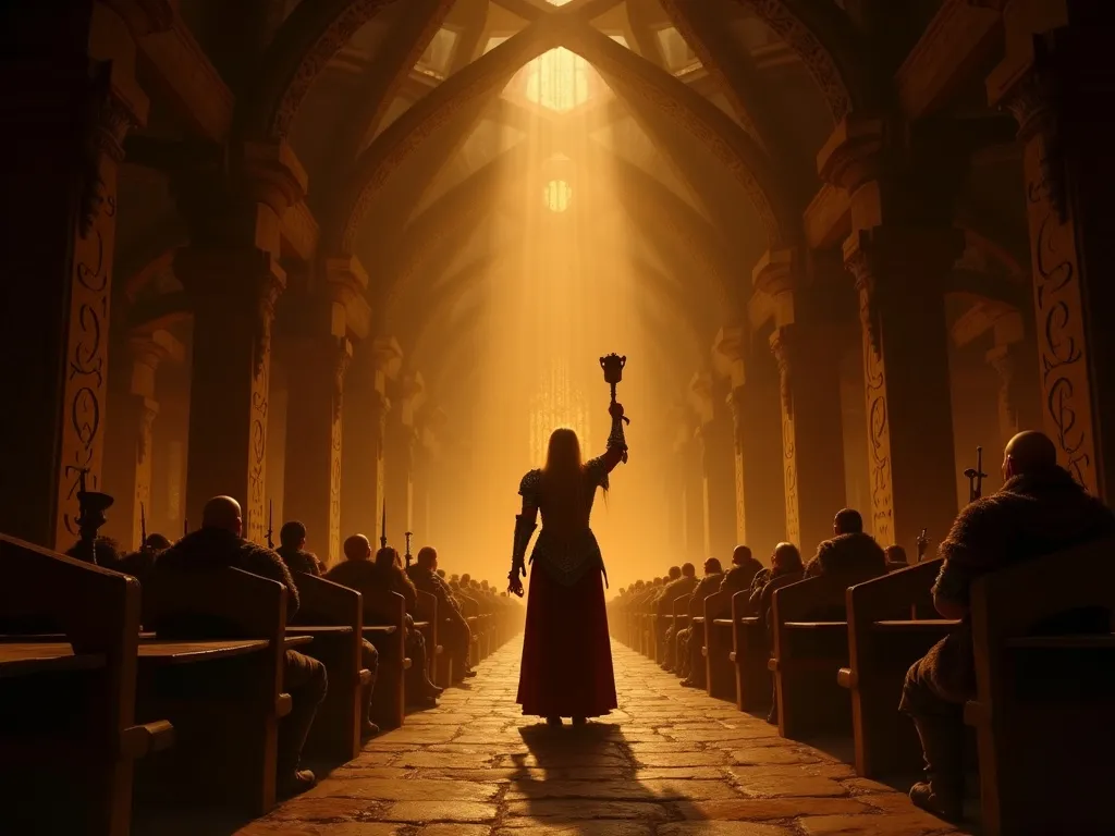 A Valkyrie offers the mead horn to a newly arrived einherjar at the gates of Valhalla