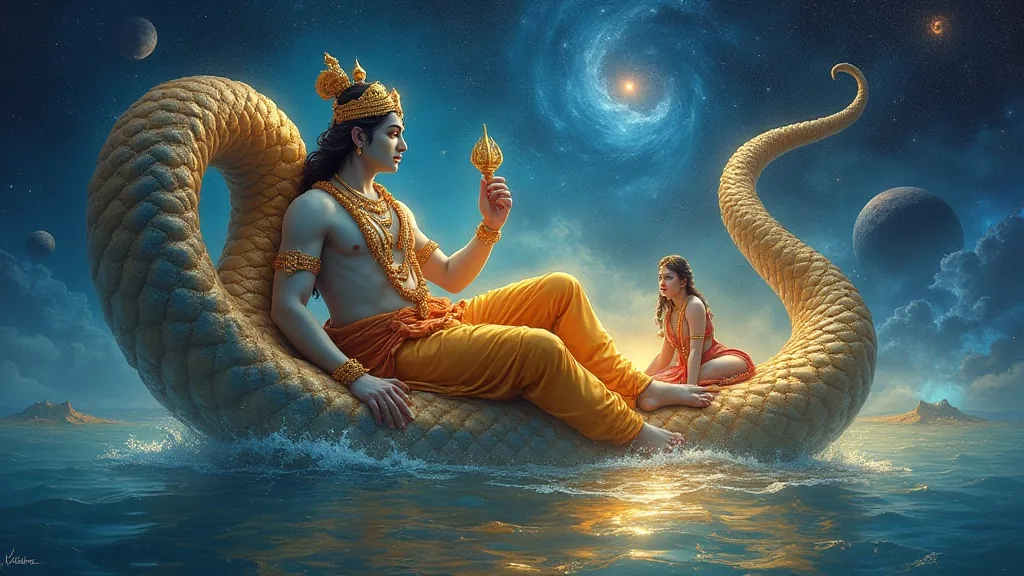 Vishnu reclining on the serpent Shesha above the cosmic ocean, surrounded by stars