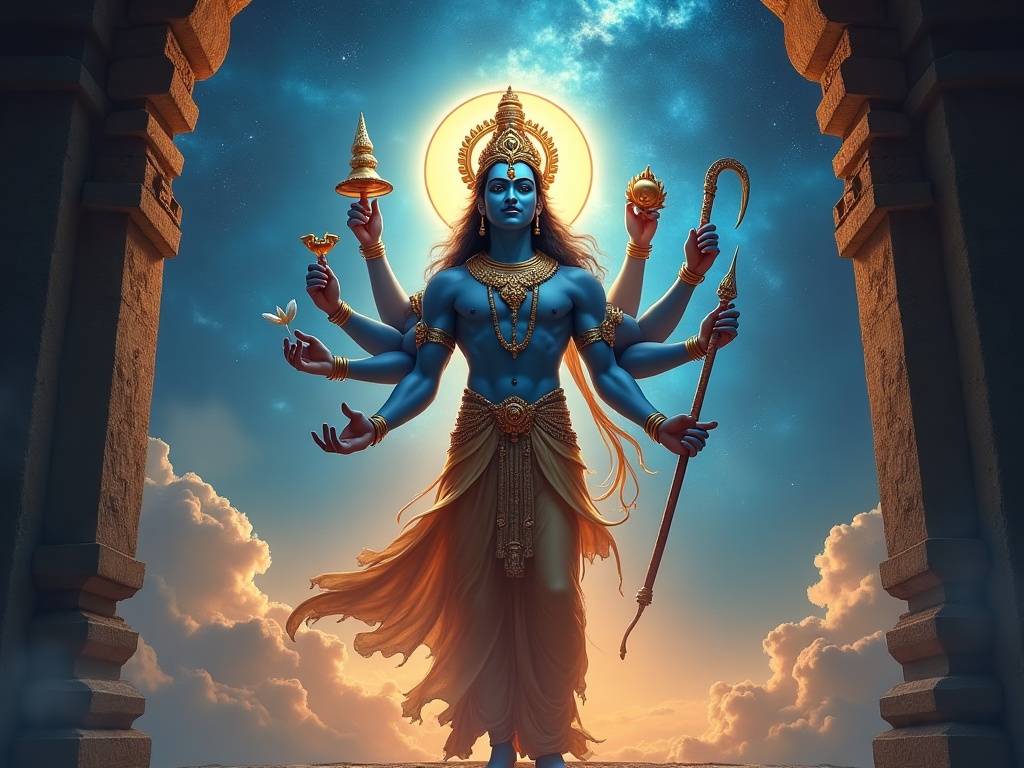 Four-armed Vishnu holding his four divine attributes in cosmic radiance