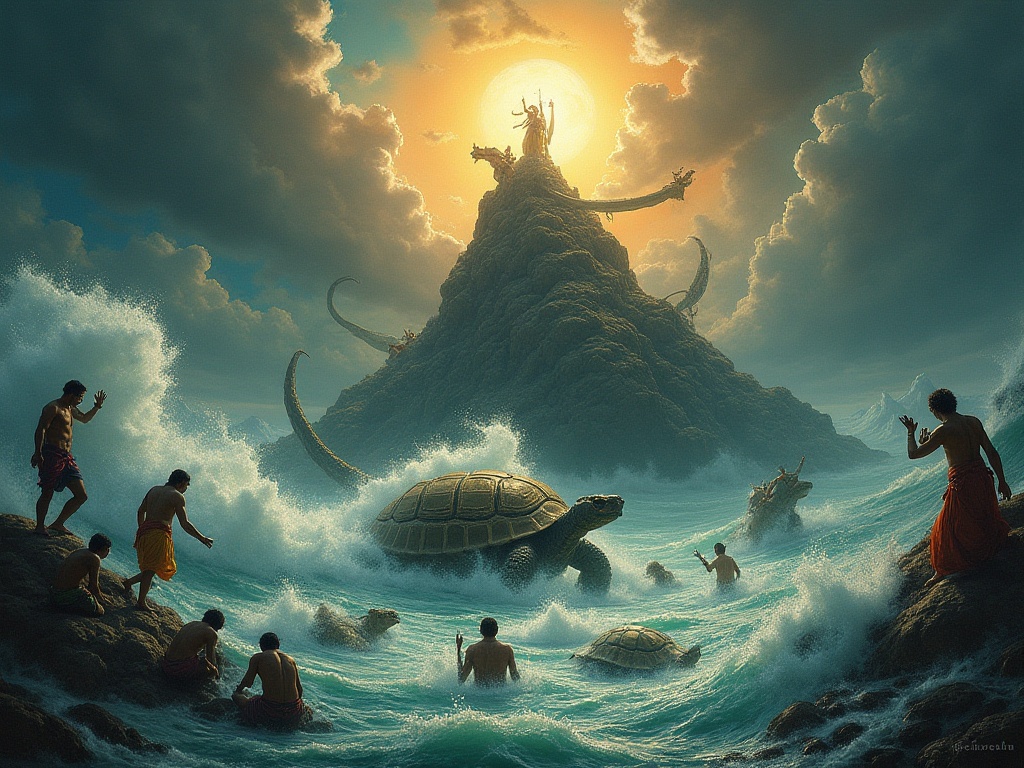 Gods and demons churn the cosmic Ocean of Milk with Mount Mandara and the serpent Vasuki