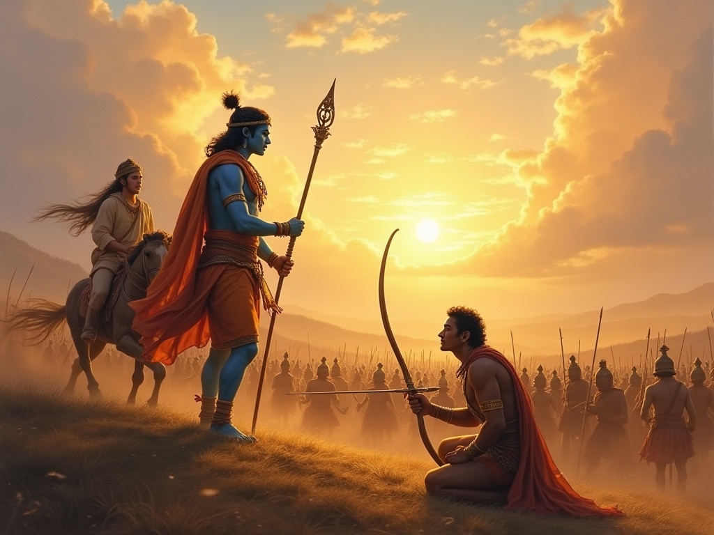 Krishna speaking the Bhagavad Gita to Arjuna on the battlefield of Kurukshetra