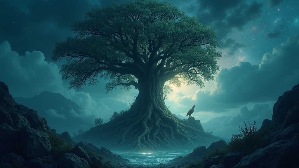 Yggdrasil the World Tree rising through the Norse cosmos, its roots descending into sacred wells and its branches holding the nine worlds