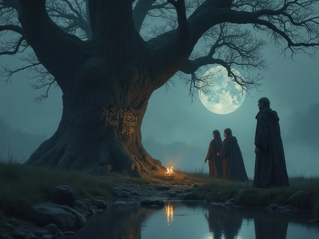 The three Norns carving fate into the bark of Yggdrasil beside the Well of Urd