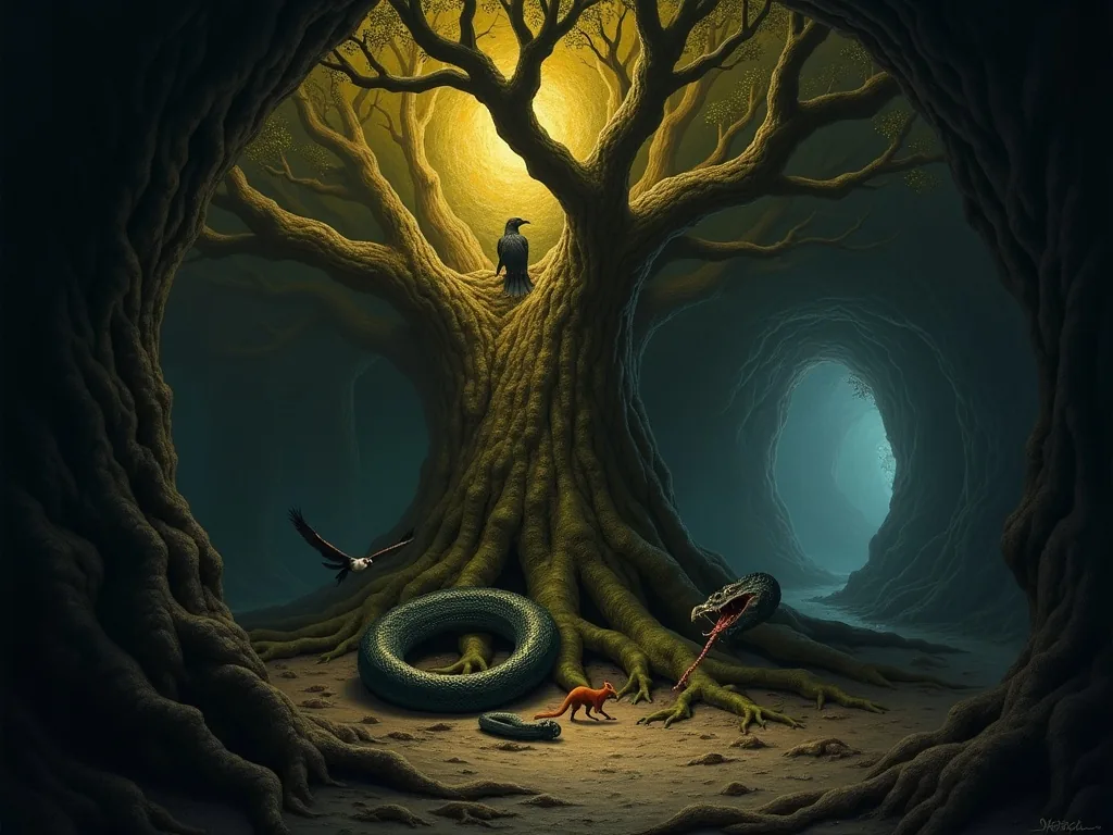 Nidhoggr gnawing the roots of Yggdrasil while the eagle watches from above and Ratatoskr runs between them