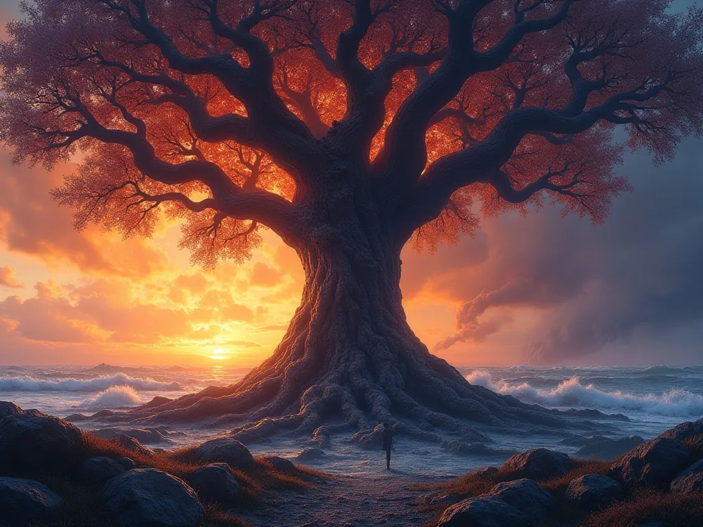 Yggdrasil trembling during Ragnarok as the Norse cosmos collapses around it