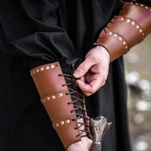 Load image into Gallery viewer, Brown Leather Viking Arm Bracer | Rugged Rivets &amp; Adjustable Straps
