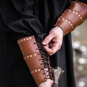 Brown Leather Viking Arm Bracer | Rugged Rivets & Adjustable Straps