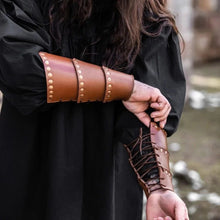 Load image into Gallery viewer, Brown Leather Viking Arm Bracer | Rugged Rivets &amp; Adjustable Straps
