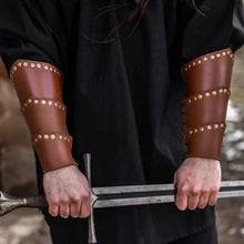 Load image into Gallery viewer, Brown Leather Viking Arm Bracer | Rugged Rivets &amp; Adjustable Straps
