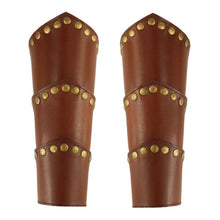 Load image into Gallery viewer, Brown Leather Viking Arm Bracer | Rugged Rivets &amp; Adjustable Straps
