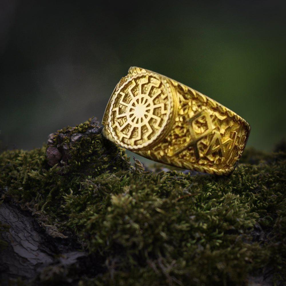 14K Gold Hail Odin Runes Black Sun Viking Ring | Nordic Inspired Jewelry