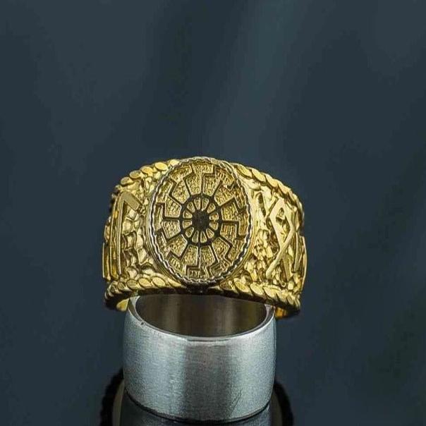 14K Gold Hail Odin Runes Black Sun Viking Ring | Nordic Inspired Jewelry