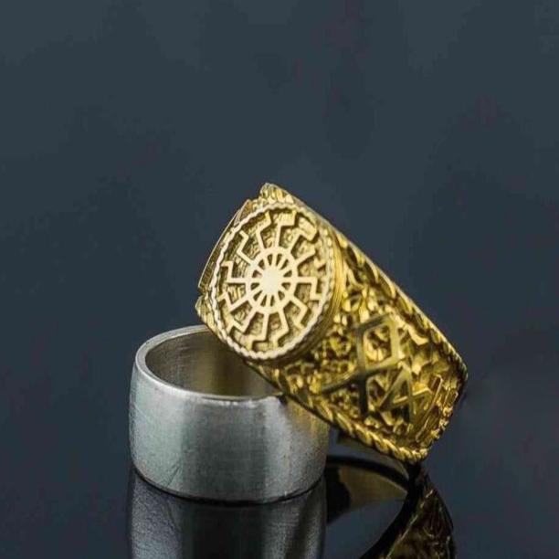 14K Gold Hail Odin Runes Black Sun Viking Ring | Nordic Inspired Jewelry