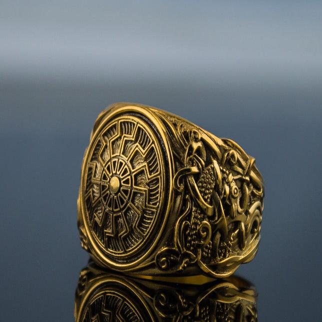 14K/18K Gold Black Sun Ring with Mammen Ornament | Handcrafted Viking Jewelry