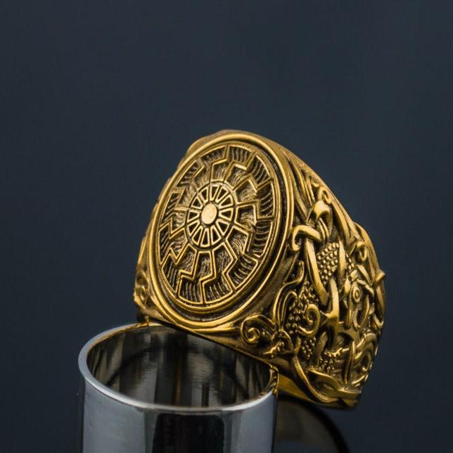 14K/18K Gold Black Sun Ring with Mammen Ornament | Handcrafted Viking Jewelry