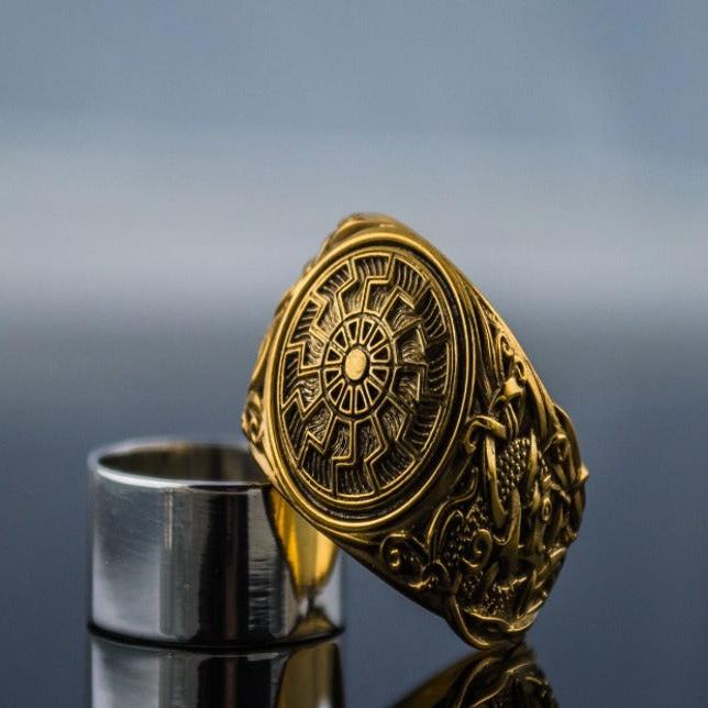 14K/18K Gold Black Sun Ring with Mammen Ornament | Handcrafted Viking Jewelry