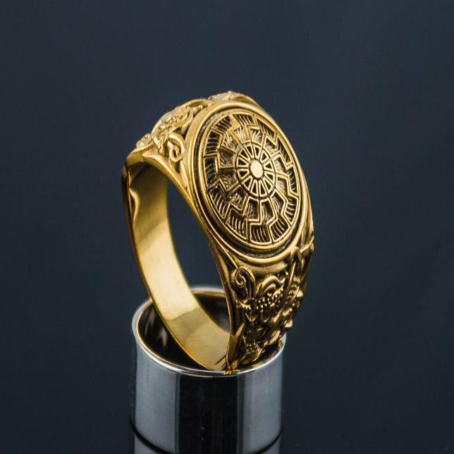 14K/18K Gold Black Sun Ring with Mammen Ornament | Handcrafted Viking Jewelry