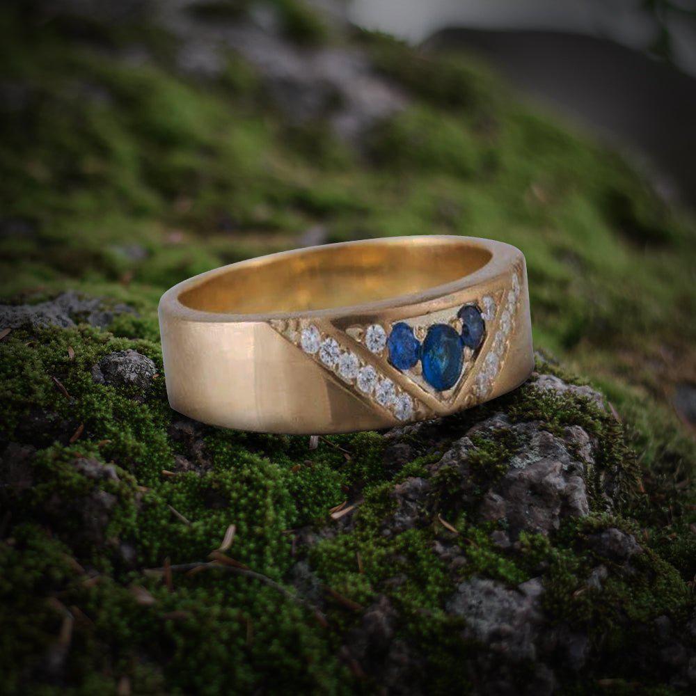 Handcrafted 14K Gold Viking Workshop Ring | Blue Cubic Zirconia