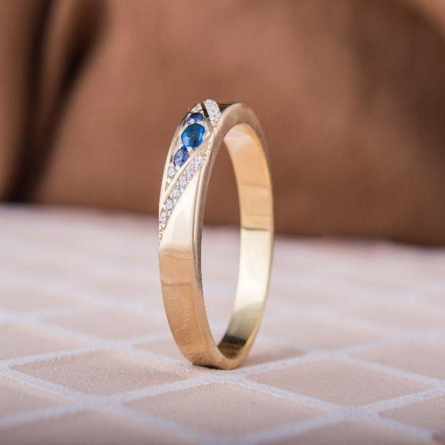 Handcrafted 14K Gold Viking Workshop Ring | Blue Cubic Zirconia