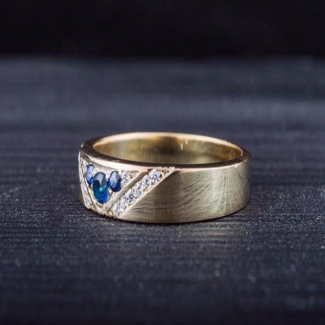 Handcrafted 14K Gold Viking Workshop Ring | Blue Cubic Zirconia