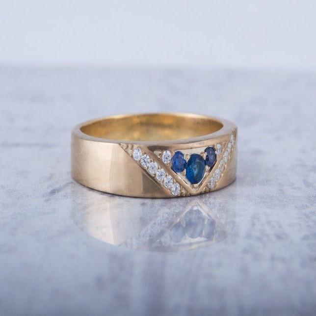 Handcrafted 14K Gold Viking Workshop Ring | Blue Cubic Zirconia