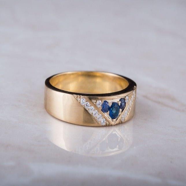 Handcrafted 14K Gold Viking Workshop Ring | Blue Cubic Zirconia