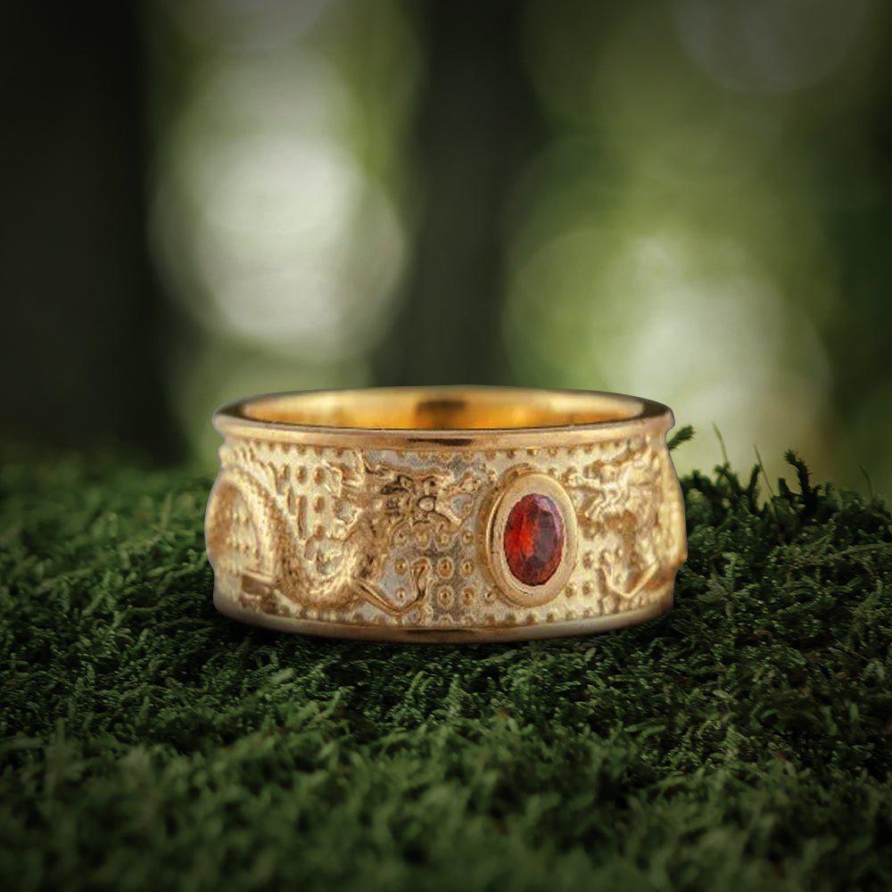 Norse Dragon 14K Gold Ring | Red Cubic Zirconia