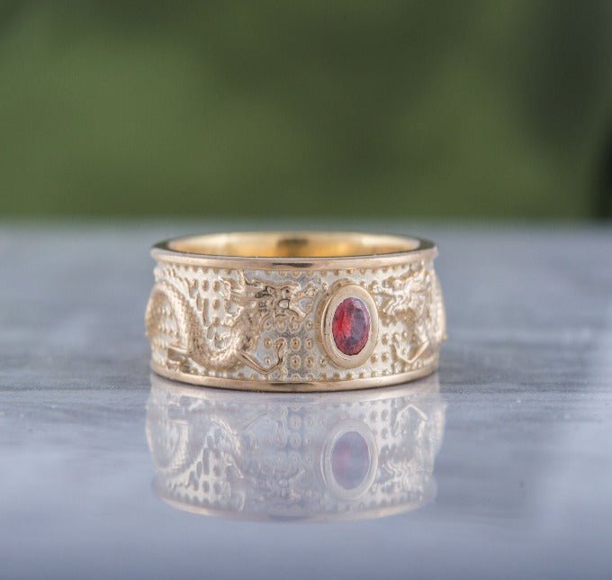 Norse Dragon 14K Gold Ring | Red Cubic Zirconia