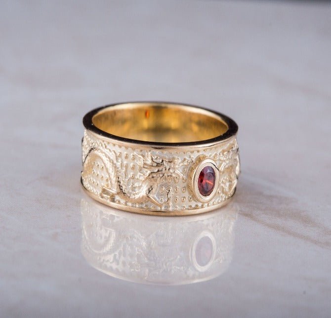 Norse Dragon 14K Gold Ring | Red Cubic Zirconia