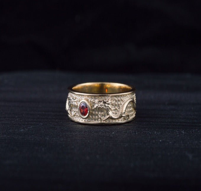 Norse Dragon 14K Gold Ring | Red Cubic Zirconia