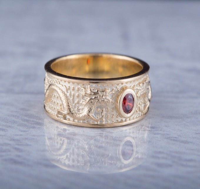 Norse Dragon 14K Gold Ring | Red Cubic Zirconia