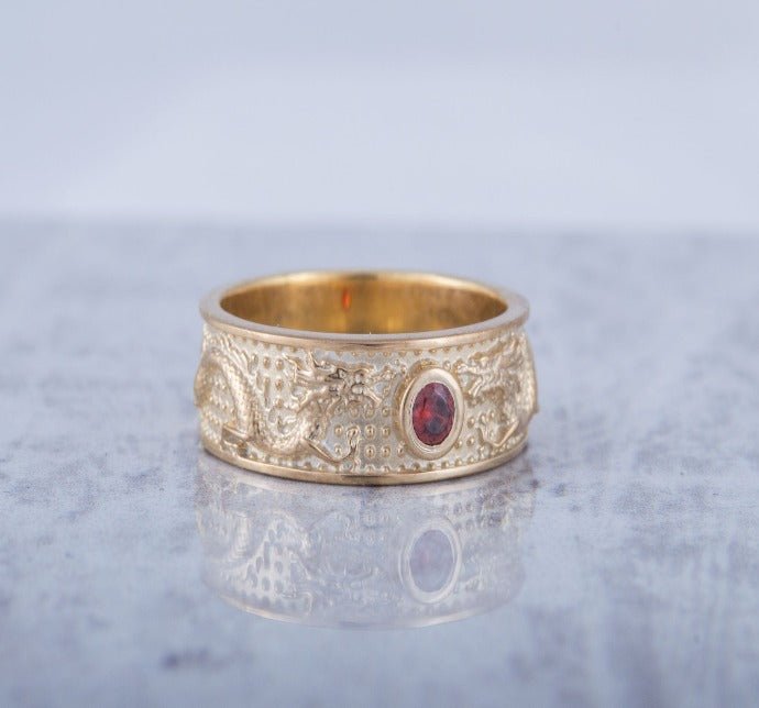 Norse Dragon 14K Gold Ring | Red Cubic Zirconia