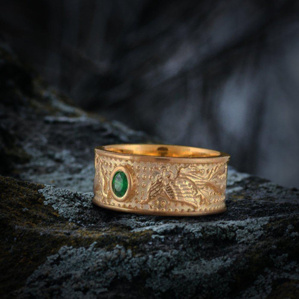 Handcrafted 14K Gold Viking Firebird Ring | Green Cubic Zirconia