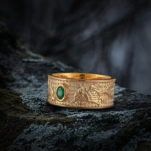 Load image into Gallery viewer, Handcrafted 14K Gold Viking Firebird Ring | Green Cubic Zirconia
