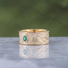 Load image into Gallery viewer, Handcrafted 14K Gold Viking Firebird Ring | Green Cubic Zirconia
