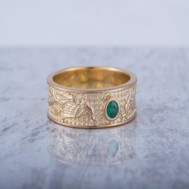 Handcrafted 14K Gold Viking Firebird Ring | Green Cubic Zirconia