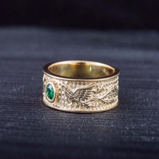 Handcrafted 14K Gold Viking Firebird Ring | Green Cubic Zirconia