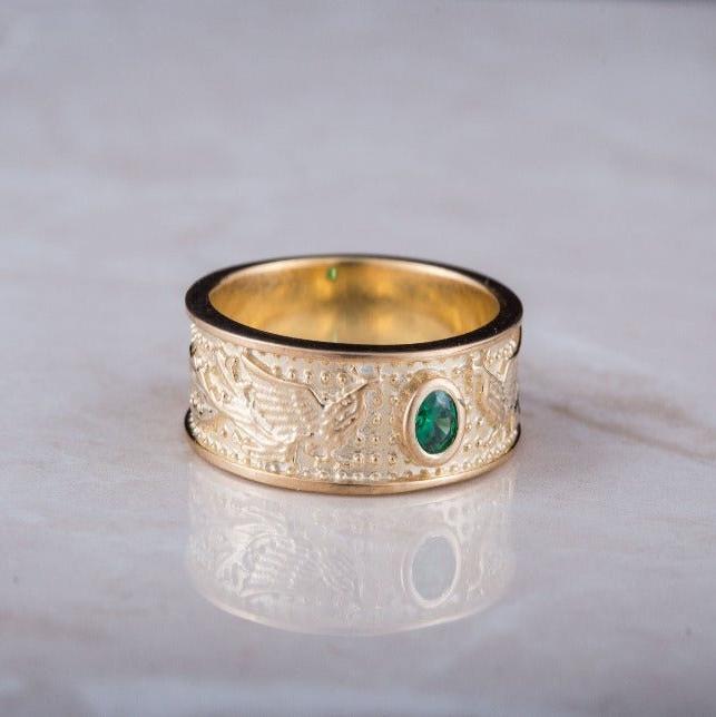 Handcrafted 14K Gold Viking Firebird Ring | Green Cubic Zirconia