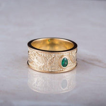 Load image into Gallery viewer, Handcrafted 14K Gold Viking Firebird Ring | Green Cubic Zirconia
