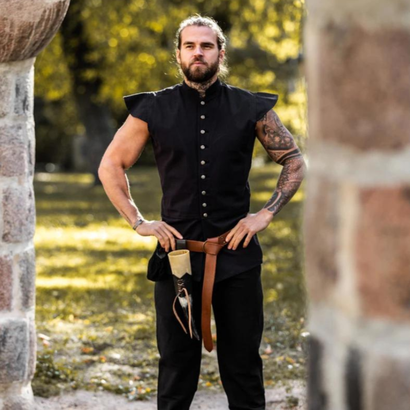 Black Sleeveless Viking Vest | Button-Up Front