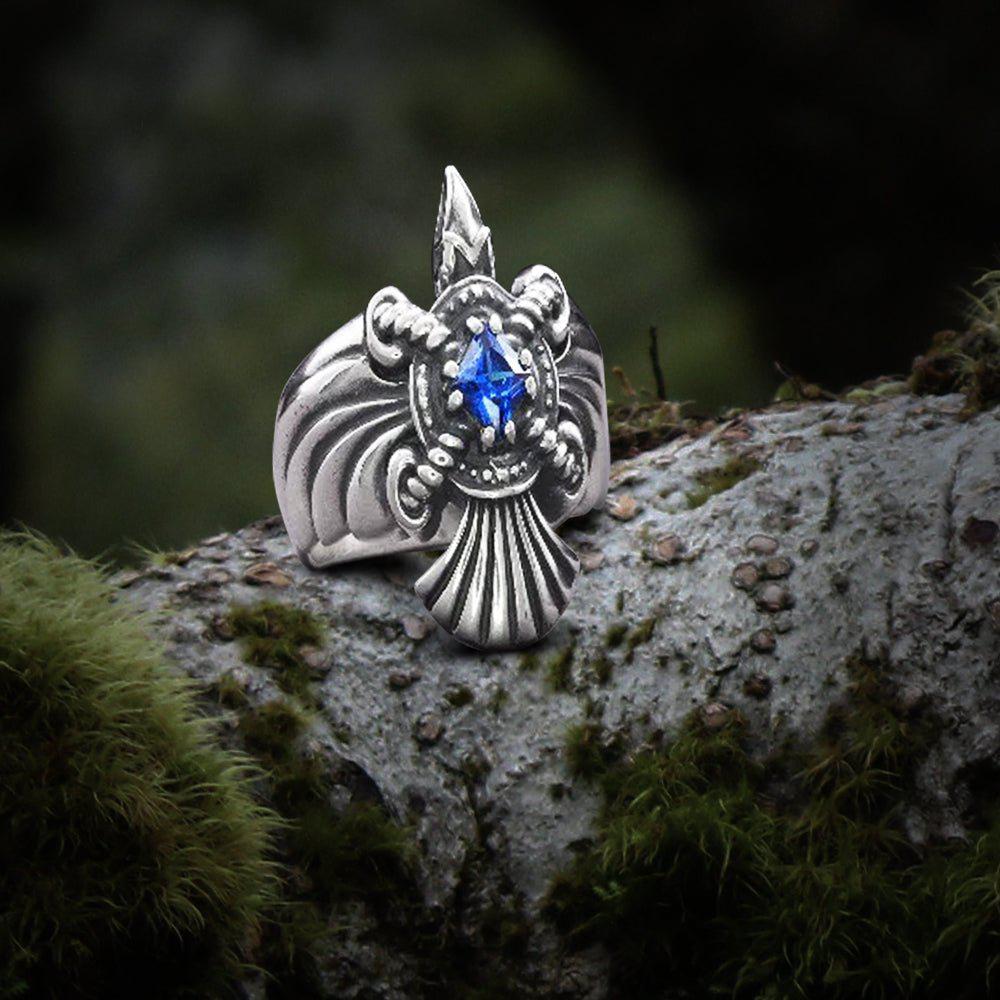 925 Silver Handmade Ring With Raven And Blue Gem, Handcrafted Ring