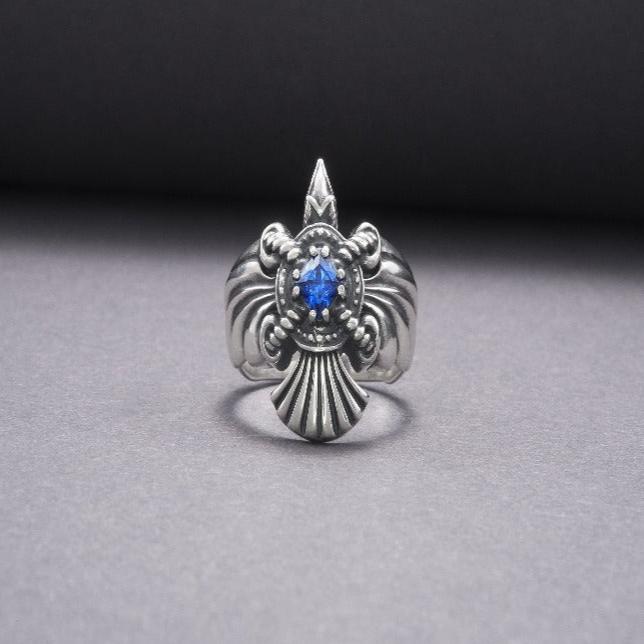 925 Silver Handmade Ring With Raven And Blue Gem, Handcrafted Ring