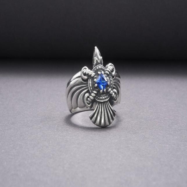 925 Silver Handmade Ring With Raven And Blue Gem, Handcrafted Ring