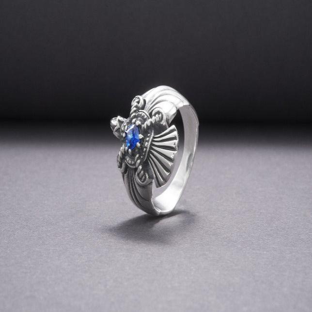 925 Silver Handmade Ring With Raven And Blue Gem, Handcrafted Ring