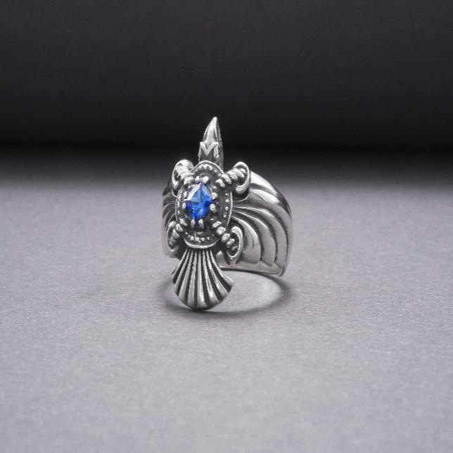 925 Silver Handmade Ring With Raven And Blue Gem, Handcrafted Ring