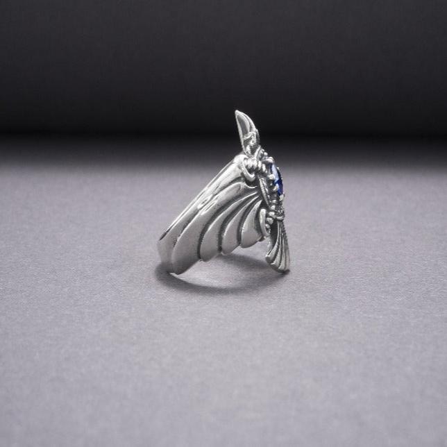 925 Silver Handmade Ring With Raven And Blue Gem, Handcrafted Ring