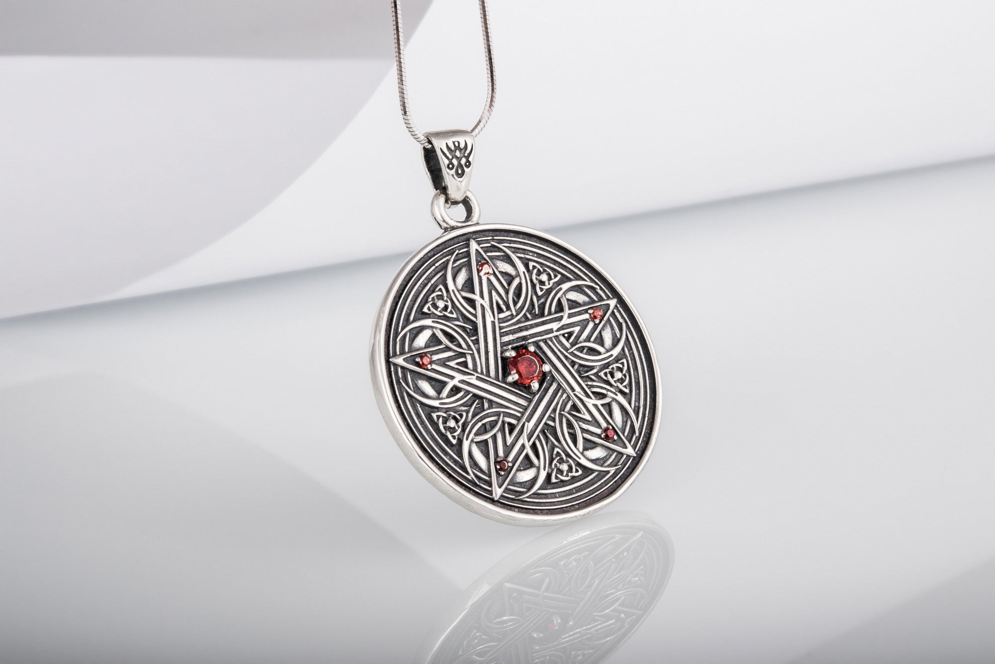 Pentagram Necklace with Red Cubic Zirconia Sterling Silver Handmade Jewelry