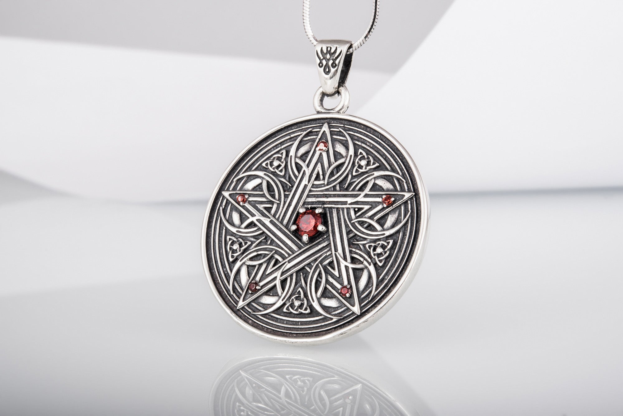 Pentagram Necklace with Red Cubic Zirconia Sterling Silver Handmade Jewelry