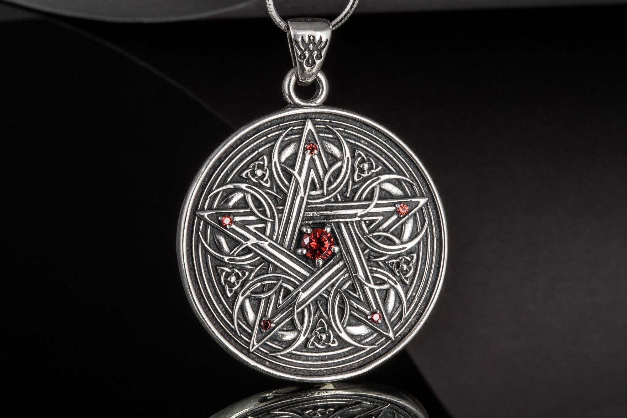 Pentagram Necklace with Red Cubic Zirconia Sterling Silver Handmade Jewelry