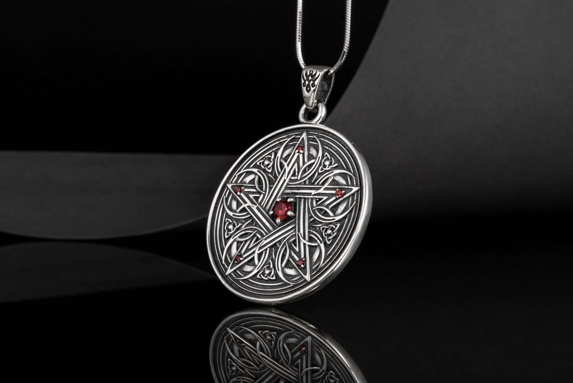 Pentagram Necklace with Red Cubic Zirconia Sterling Silver Handmade Jewelry